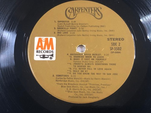 The Carpenters: Self Titled 1971 LP Gatefold / A&M SP-3502 / TESTED - Picture 4 of 5