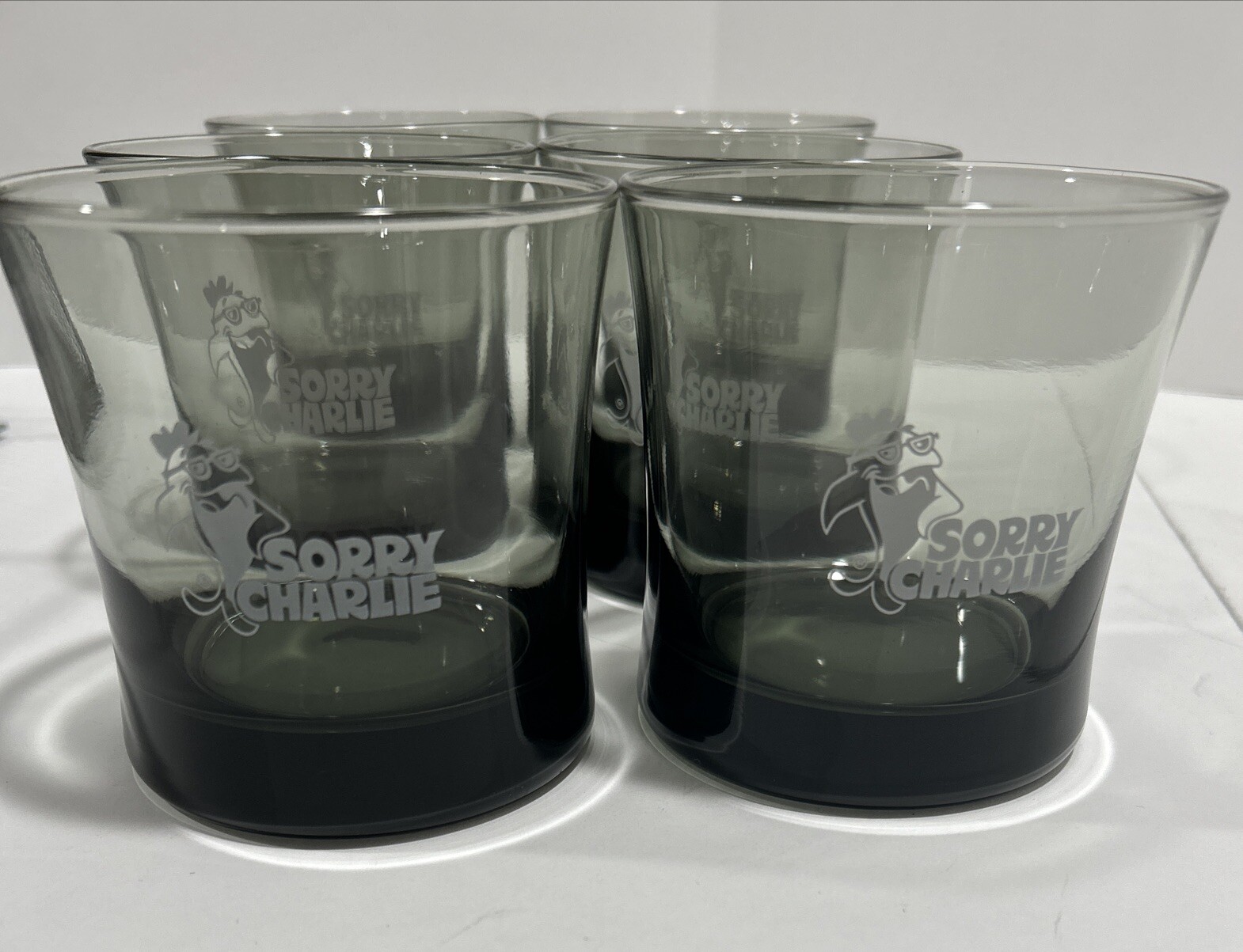 JUEGO de 6 gafas Sorry Charlie de colección vajilla de bar generación X atún starkist 1970 1980 20th C