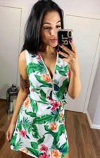 SALE 🛒 Summer Floral Dress White Green Zipped Waisted Size 8-12 UK Sleeveless