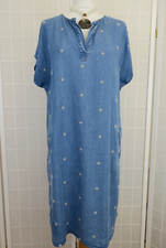 Roman Tunic Dress Size 14 Blue Distressed Embroidered Daisies Pockets Relaxed