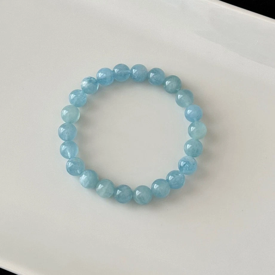 Natural 8mm Aquamarine Stone Bracelet Aqua Crystal Stretch Bracelet Handmade - Image 2 of 4
