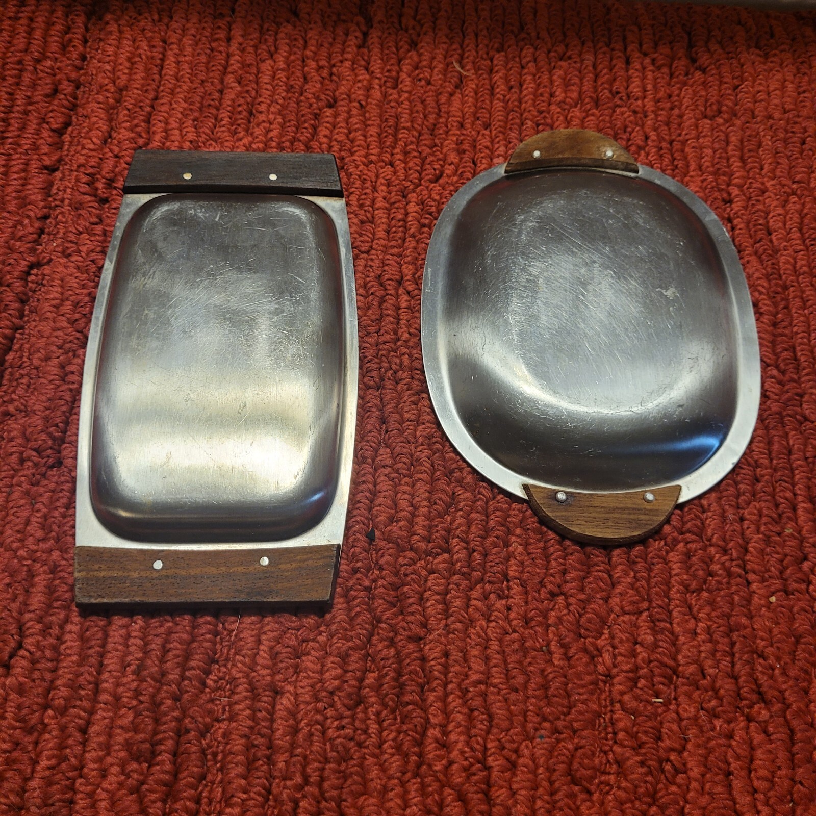 Vintage MCM Royal Craft Small Wood & Stainless Steel Trays X2 Japan