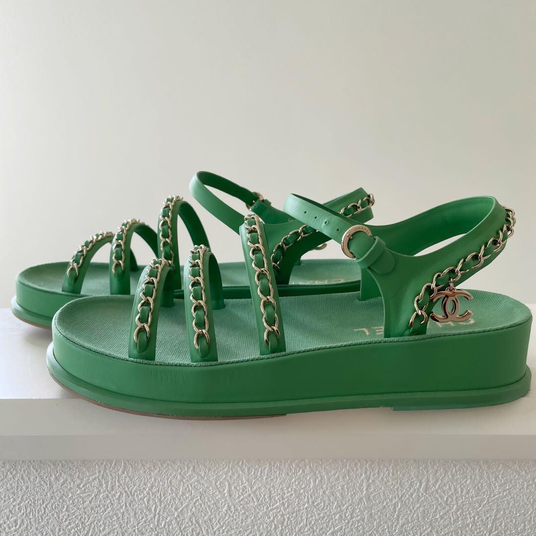 CHANEL Chain Sandal Green Size 38 Lined Beautiful Japan Import