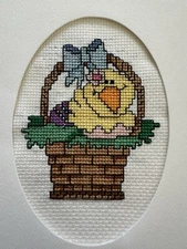 COMPLETED FINISHED CROSS STITCH CARD “EASTER  BASKET”
