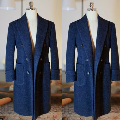 Royal Blue Lamb wool Men's Long Overcoat Warm Outdoor Double Breasted Jackets