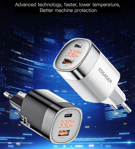 Chargeur Secteur Rapide USB PD GaN 33W Type C 2 ports avec Affichage LED Essager - Photo 2 sur 12
