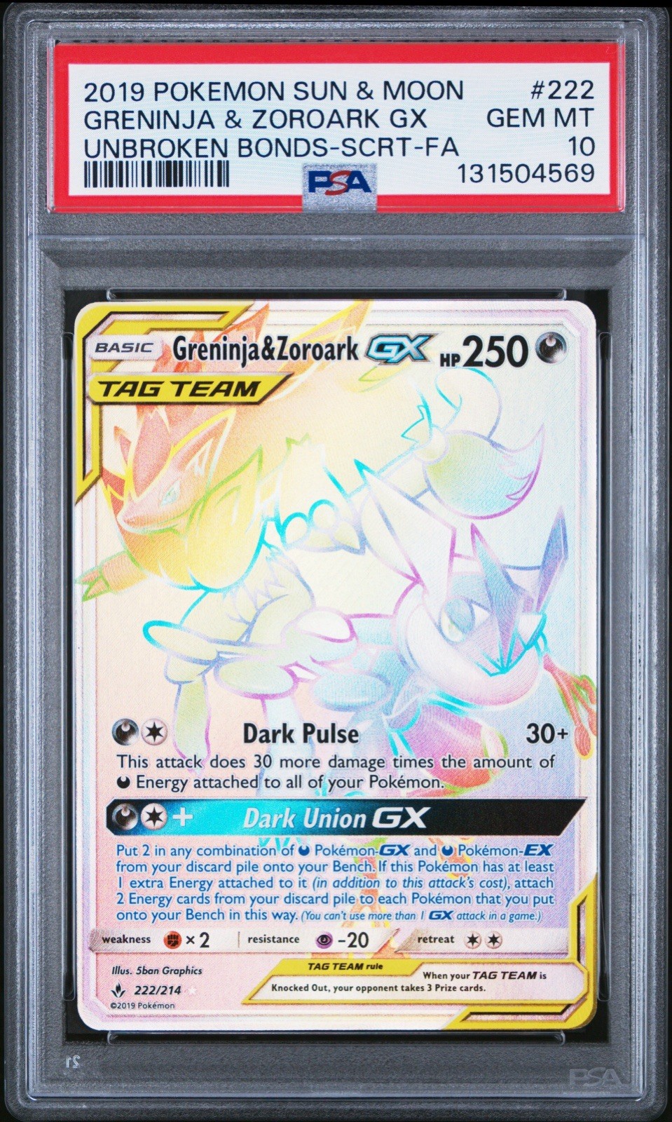 Pokemon Greninja & Zoroark Tag Team GX #222 Secret Rare PSA 10 Unbroken Bonds