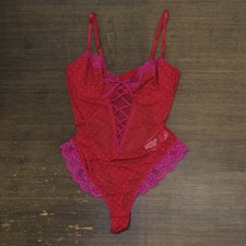 INC International Concepts Womens Floral Mesh Thong Bodysuit Crimson Leaf Red L