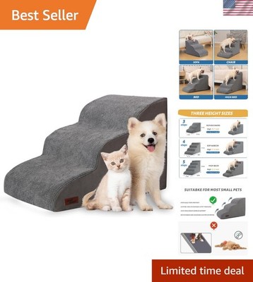 Grey 3-Step Pet Ramp - Non-Slip Stairs for Small Dogs & Cats, 15.7'' High
