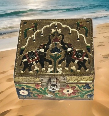 4'' Asian Wood Brass Elephants Lotus Enameled Embossed Wood Velvet Lined Box Vtg