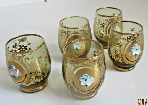 Set of Five Bohemian Amber Glass Cordials Hand Painted Enamel Flowers