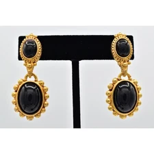 Vintage Cabochon Dangle Earrings Black Brushed Gold Chunky USA Made NOS 80s A25