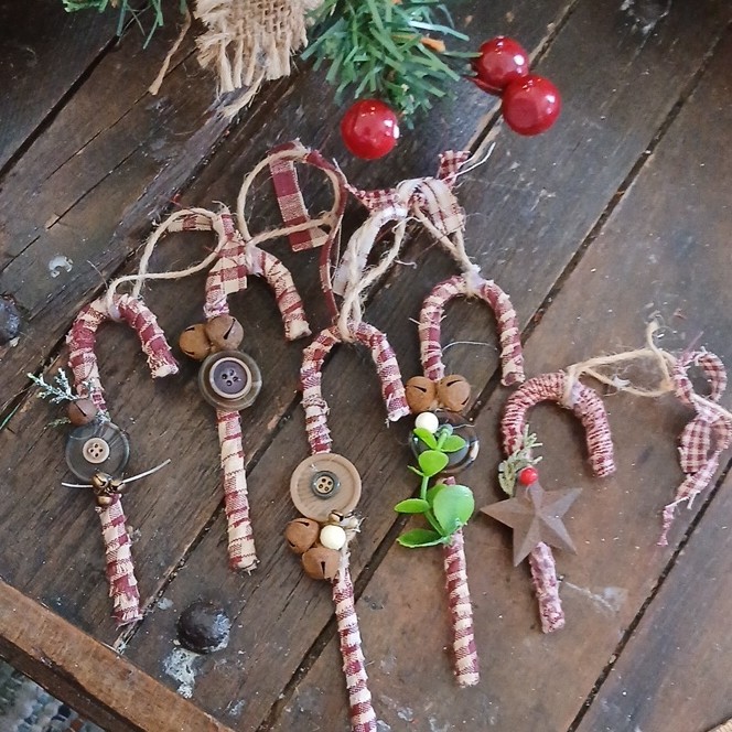Handmade Rustic Candy Cane Ornaments with Buttons, Bells, Star Set of 5