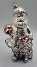 Santa Claus Bell Gifts White Silver Christmas Vintage Inspired 6” Glass Ornament