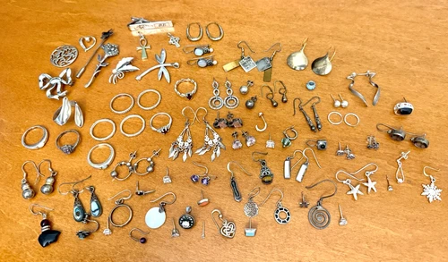 Vintage Lot of Sterling Silver 925 Earrings, Rings, Brooches, Pendants 128 Grams