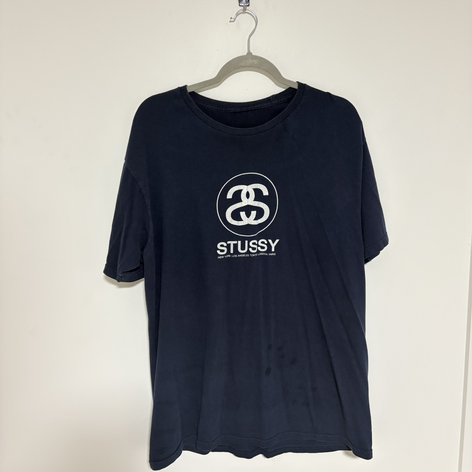 Men’s size Large Vintage Stüssy World Tour SS Logo T-Shirt Navy White