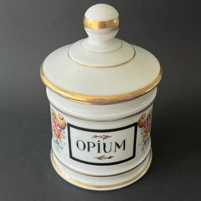 Petit Pot d'Apothicaire Opium Porcelaine Pot de Pharmacie Vintage France H 15 cm - Photo 1/4