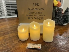 Set of 3 Flameless Moving Wick LED Pillars Candles Light w/ Timer Remote Control