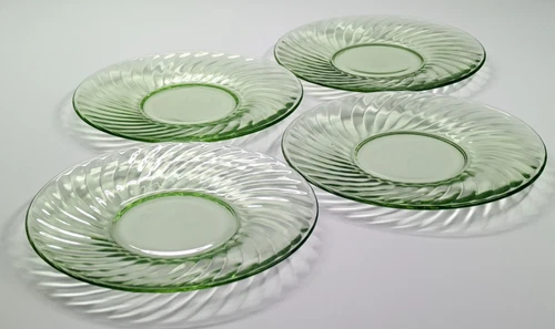 VTG Set of 4 Anchor Hocking Spiral Optic Uranium Depression Glass Saucers 6.25"