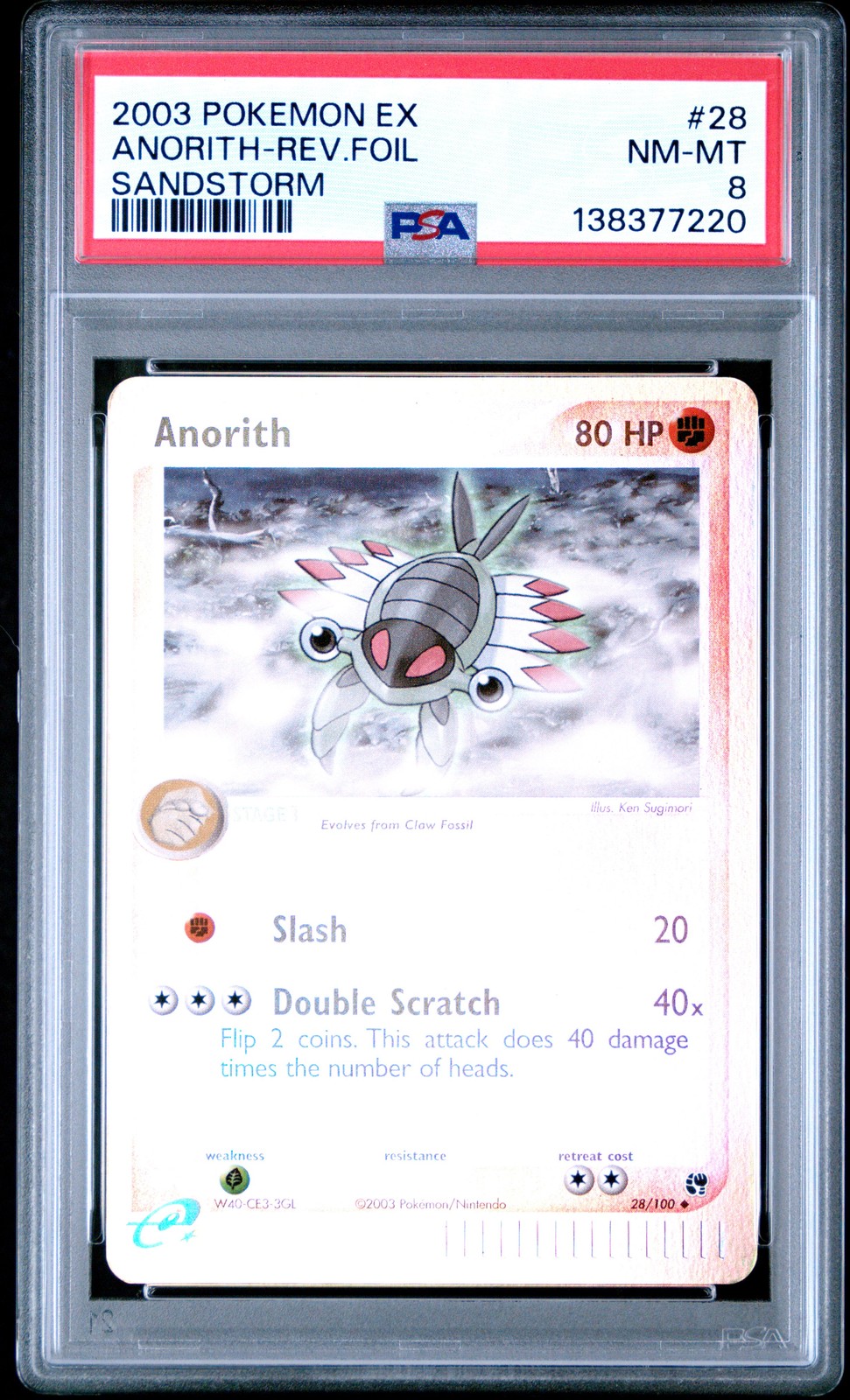 2003 POKEMON EX SANDSTORM #28 ANORITH-REVERSE FOIL PSA 8