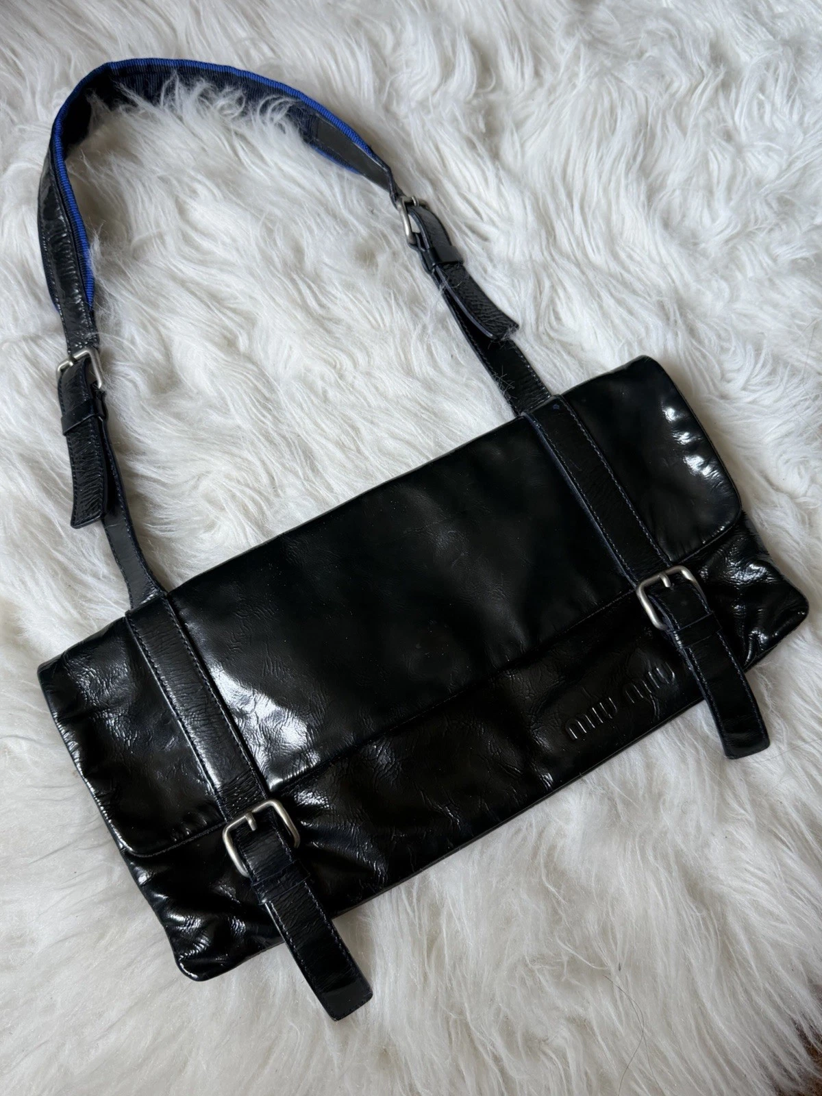 Miu Miu — Vintage Miu Miu Blue Black Shiny Leather Wet Look Buckle Mini Shoulder Bag