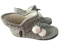 The Original MUK LUKS Women's Grey Knit Slipper Booties Pom Pom Size L 9-10