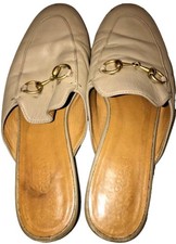 Gucci Women's Supreme Beige Leather Gold Horse-bit Slippers SZ 37.5