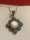 925 STERLING SILVER MOTHER OF PEARL MARCASITE PENDANT NECKLACE 18"