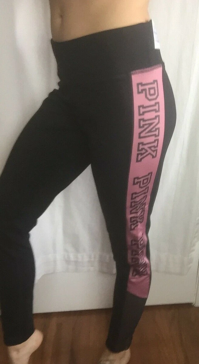 Victoria's Secret Pink Ultimate Black Leggings, Mauve w/ PINK down leg,  NWOT M