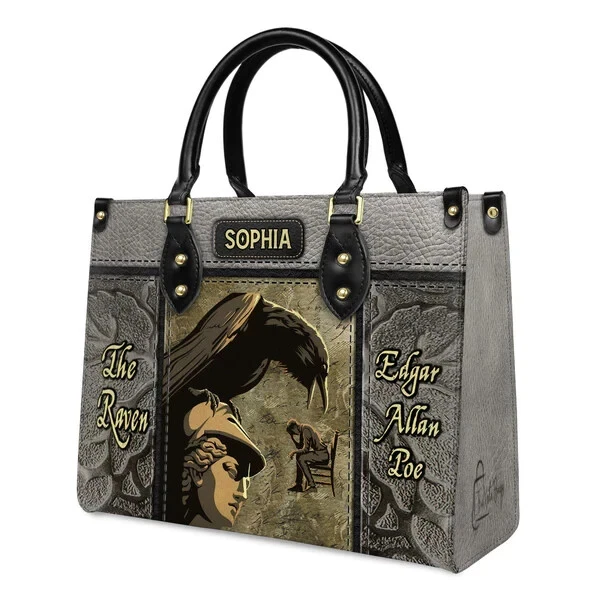 Personalized The Raven Edgar Allan Poe Leather Handbag, Black Raven Leather Bag