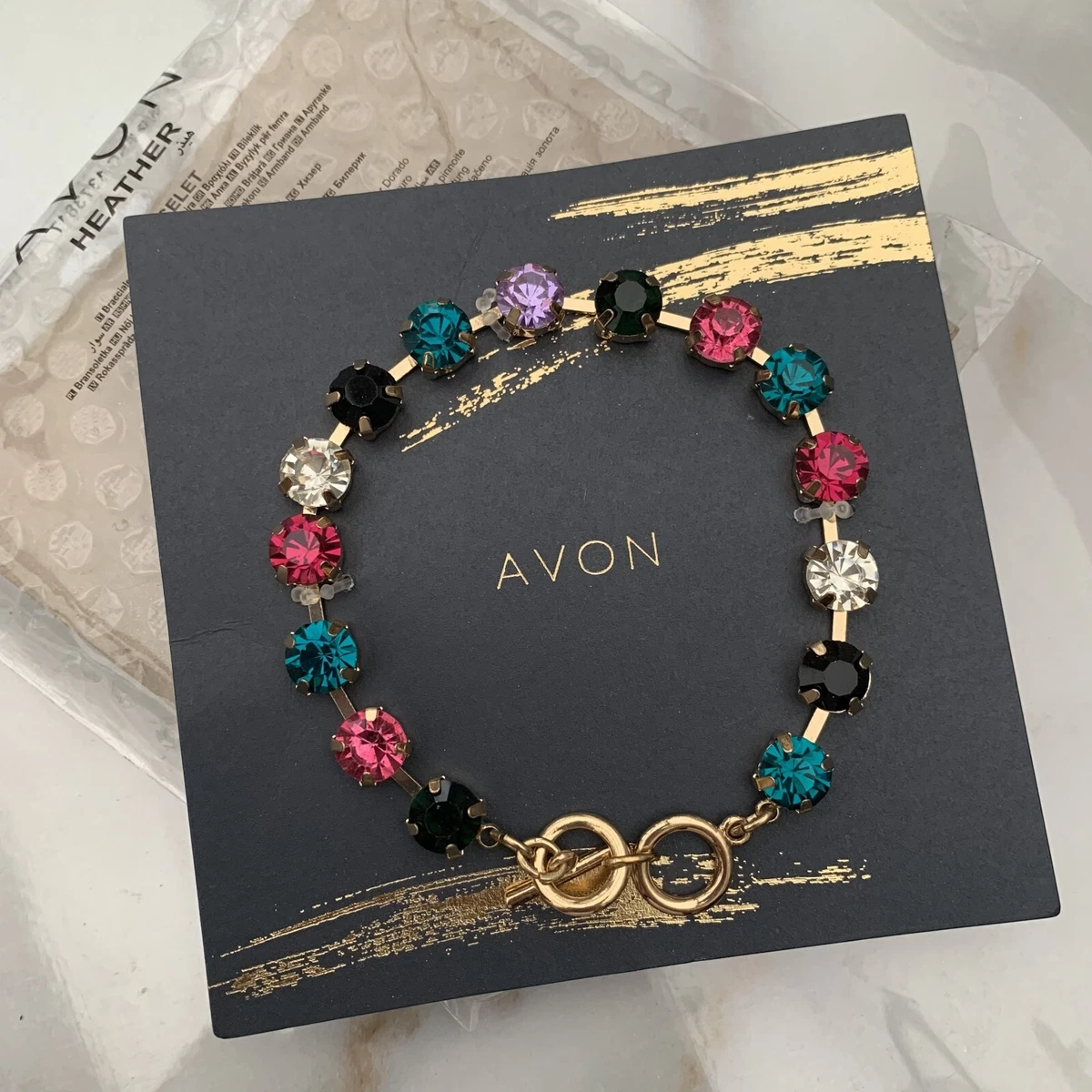 GENUINE AVON RAINBOW GLASS STONE BRACELET GOLD SILVER TONE