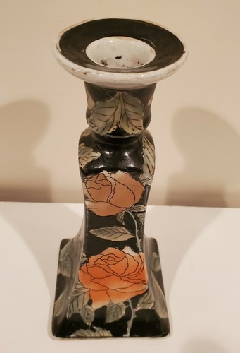 9" BEAUTIFUL CERAMIC PILLAR CANDLE HOLDER ASIAN BLACK WITH PINK ROSES - Picture 8 of 9