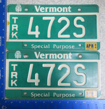 Vermont Special Purpose Truck VT License Plate Pair 1986 Set Nat Sticker 472S