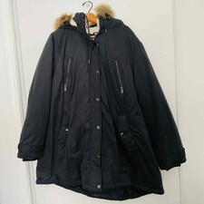 Ellos Black Plus Size Full Zip Parka With Faux Fur Hood Trim (size: 22)