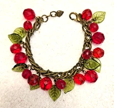 Sweet Romance Vintage Glass Red Cherries Dangle Cha-cha Bracelet