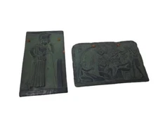 Mid-Century Vintage Greek Set of Two Wall Plaques Terracotta Relief Green