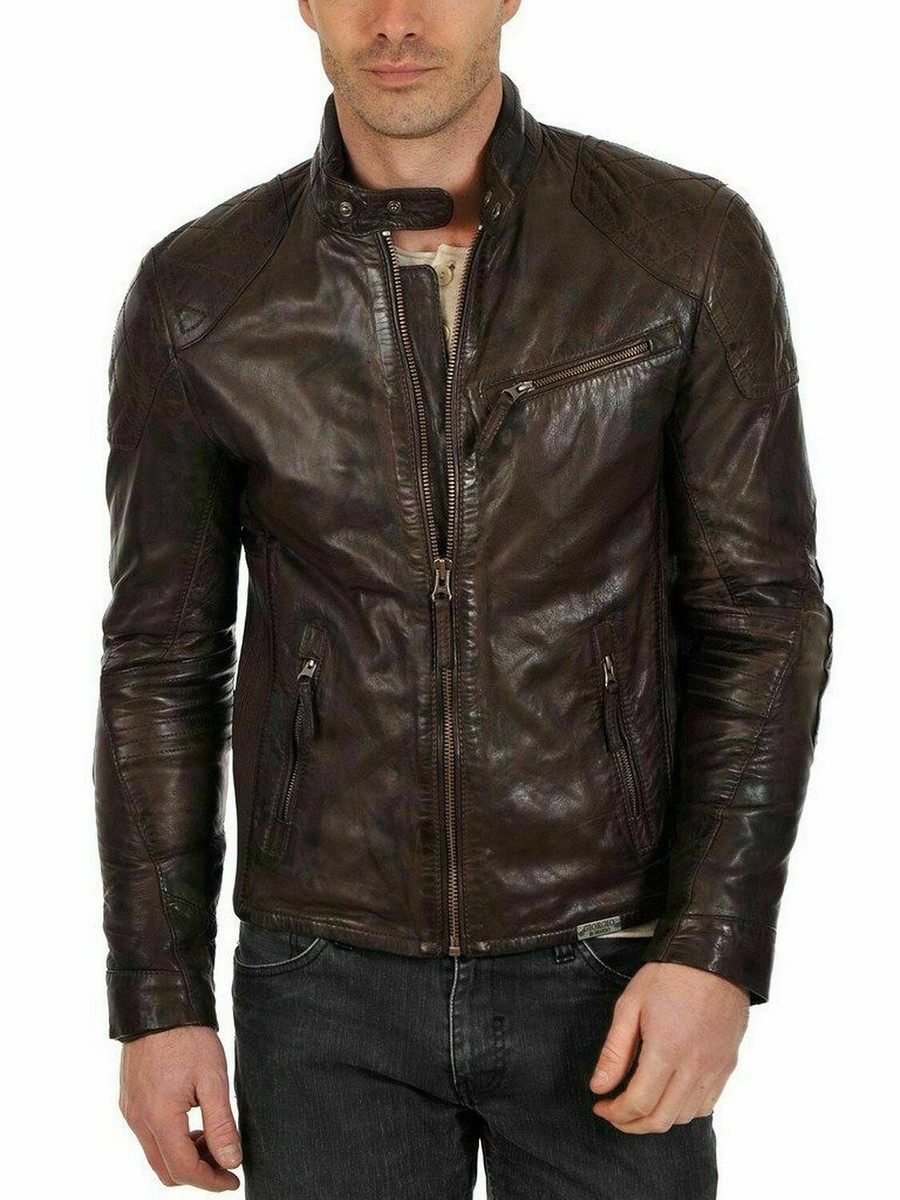 Leather Jacket Men's Genuine Lambskin Brown Slim Fit Leather