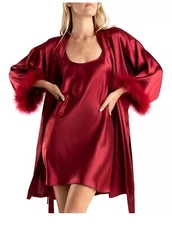Linea Donatella Women Wrap Robe and Chemise Nightgown Set Size L Red Wine 