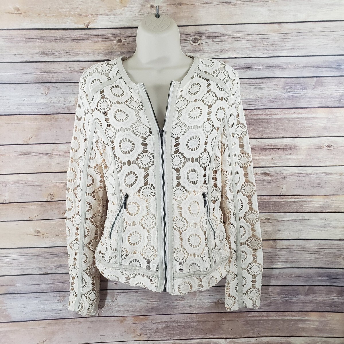 Neiman Marcus XS Moto Jacket Ivory Crochet Zip Cottage Coquette
