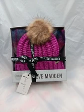 Womens Steve Madden Hat & Scarf Set Purple/ Pink Plaid One Size