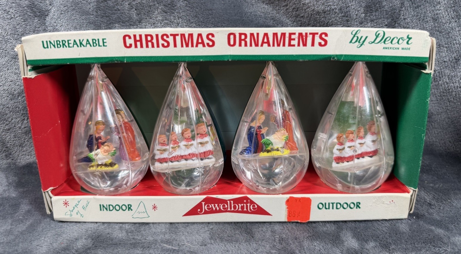 Vintage Jewel Brite Plastic Christmas Ornaments Set Of 4 Original Box Nativity