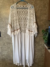 Cream Lace Kimono Duster With Fringe Hippie Artsy Cottage Boho Long Top Size L