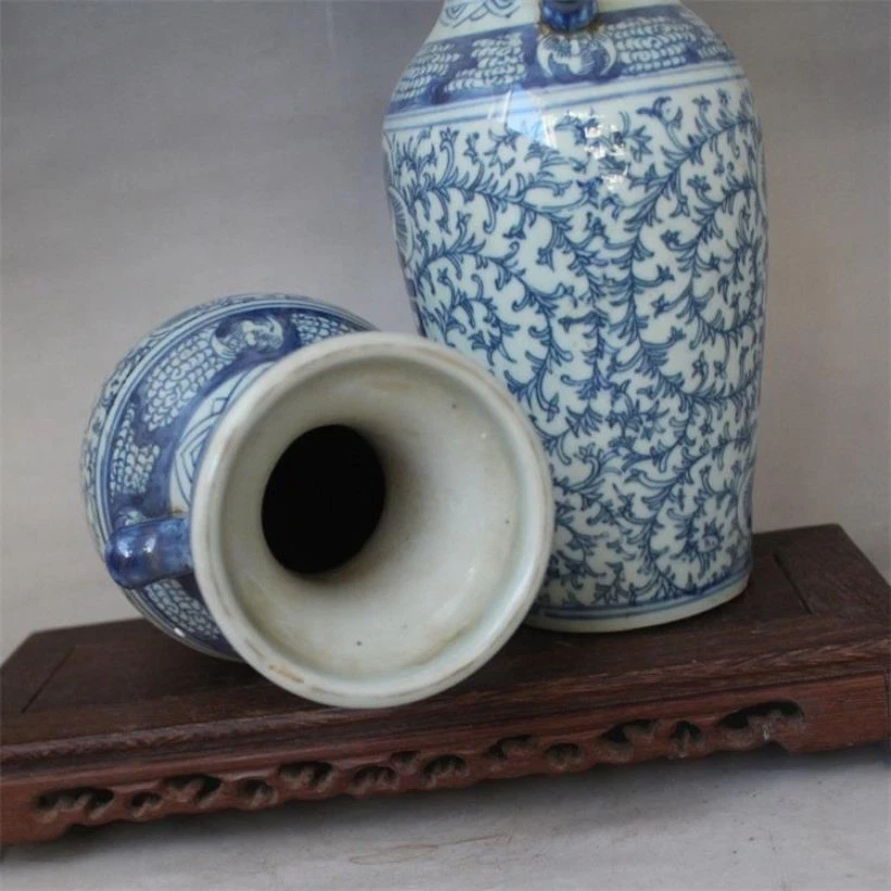 Un par de jarrón de porcelana azul y blanco antiguo de China doble felicidad Foto 3 de 4