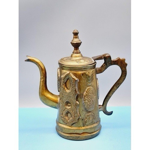 ANTIQUE BRASS MOROCCAN COFFEE POT ORNATE EMBOSSED EMBLEMS . 26cm x 25cm