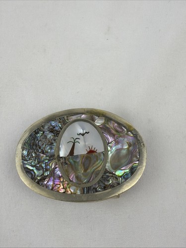 Abalone Shell Mother of Pearl Inlay Beach Scene Vintage Belt Buckle *Read*