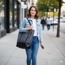 Justice Tote Bag Black White Logo Print Bottom Zip Compartment Travel New