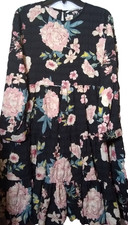 Zara Black Pink Floral Print Tiered Long Sleeve Women Babydoll Dress Size Small