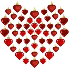 48PCS Heart Shaped Ornaments, Red Heart Shaped Ornaments, Valentines Heart Ha...