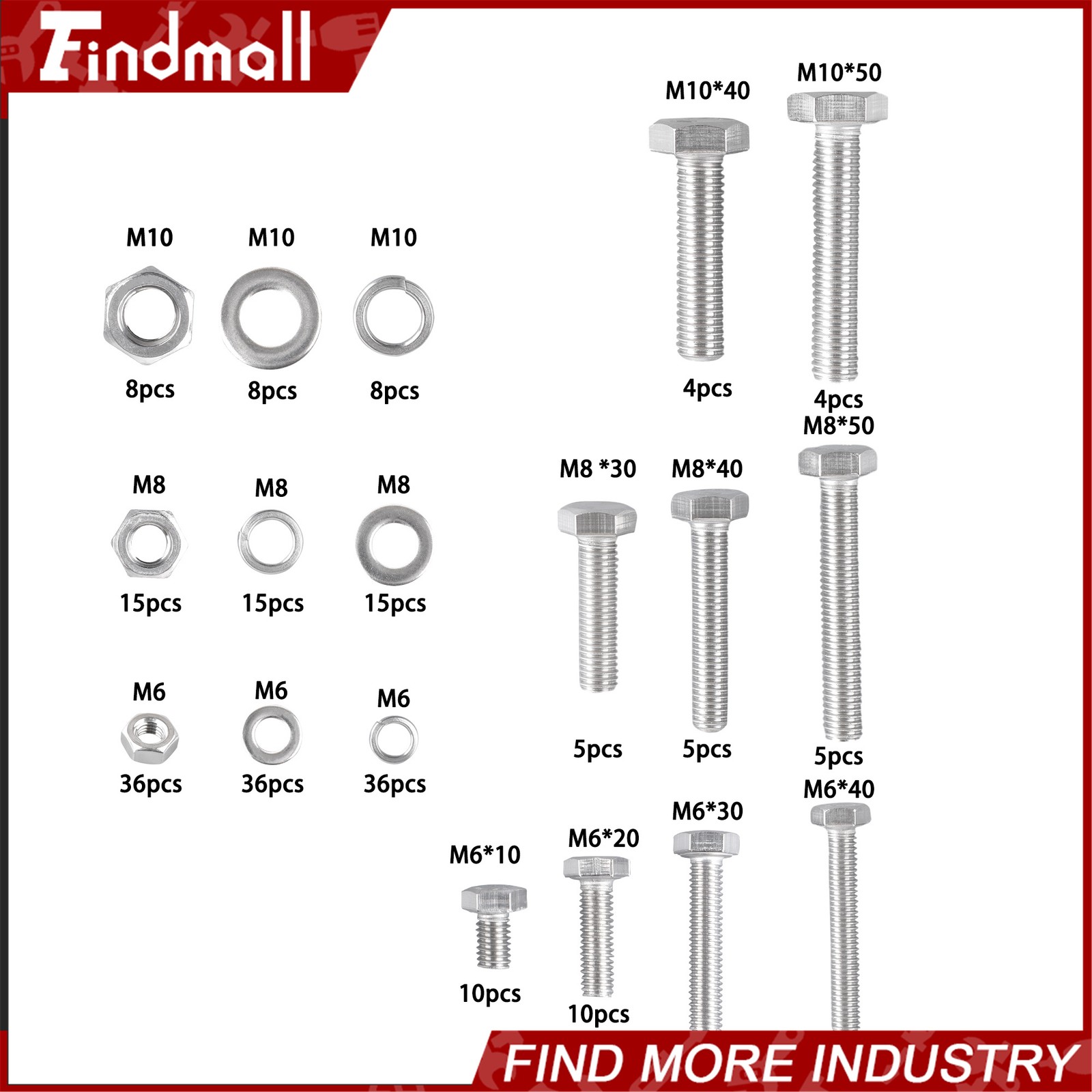 236PCS M6 M8 M10 Heavy Duty Bolts and Nuts Assortment Kit 304 Stainless Steel