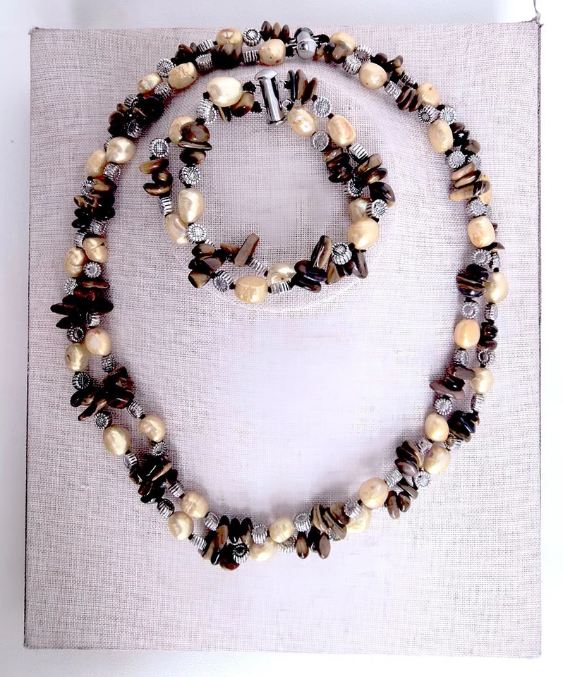 Juego de pulsera collar ojo de tigre astilla perla agua dulce amarilla 2 filas 17"-18" Foto 3 de 4